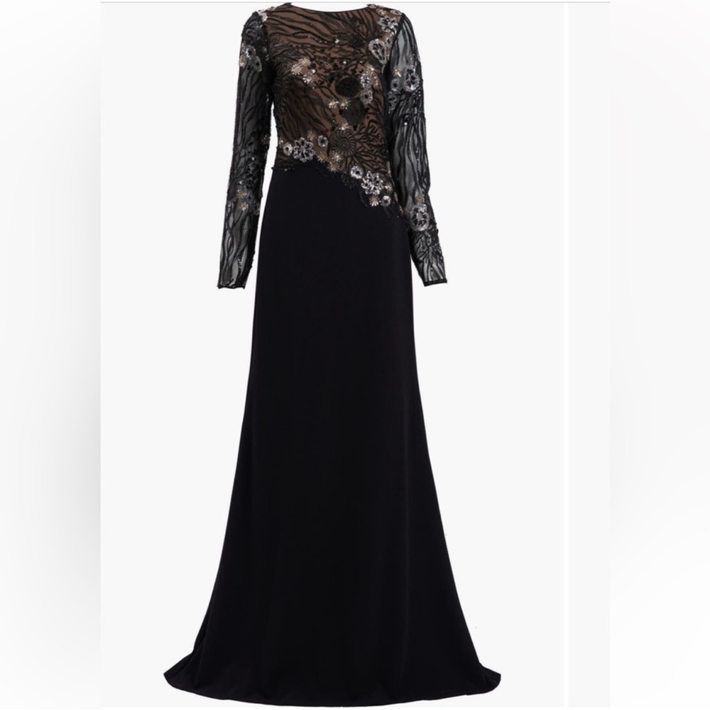 ✨NWT✨Tadashi Shoji Sequin Lace Floral Bodice Dress Long Sleeve Black CDU16206LXY